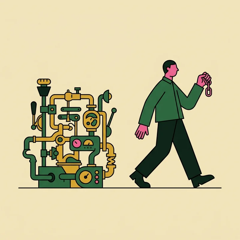A person walks away from a tangled machine of pipes, gears and levers, holding one small pink link.