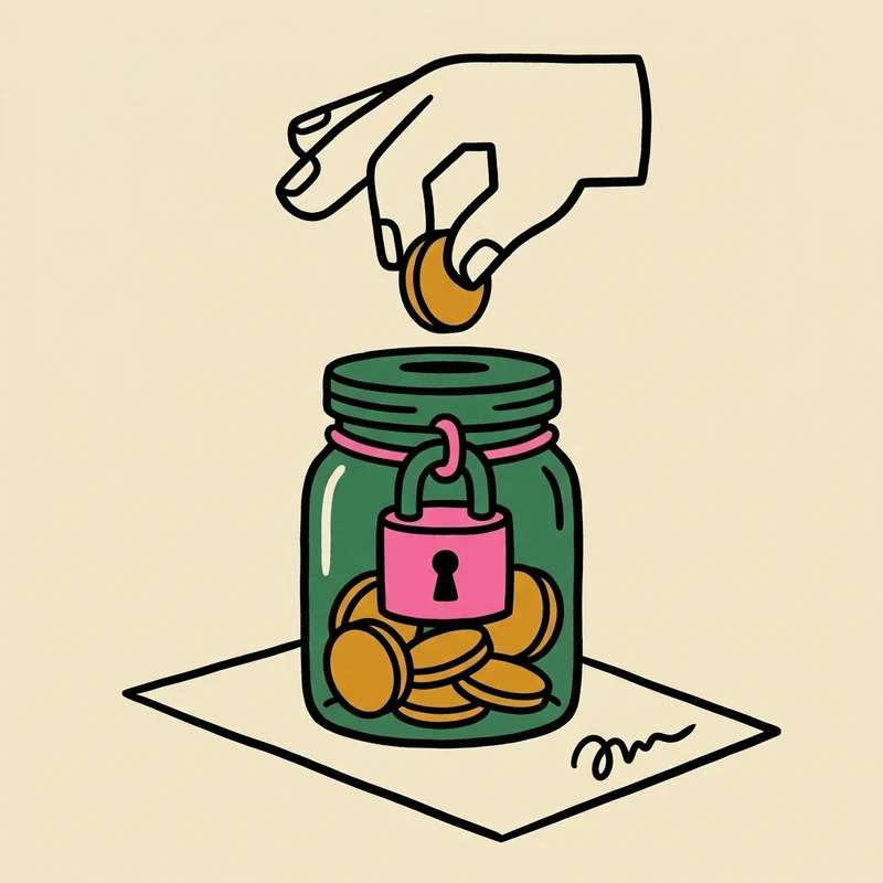 A coin drops into a locked jar that stands on a signed wedding photography contract