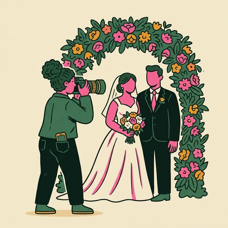 A wedding photographer photographs a couple under a flower arch while the phone stays quiet