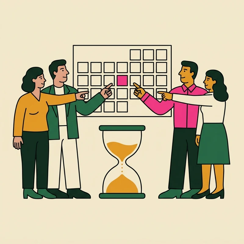 Two couples point at the same day on a wedding photographer's booking calendar, with an hourglass between them