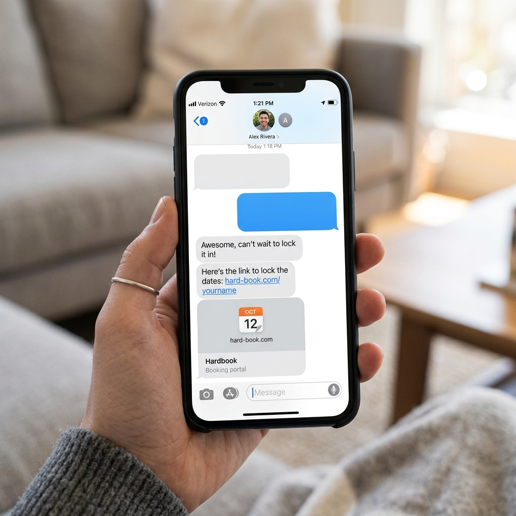 Phone showing the booking link in an iMessage thread
